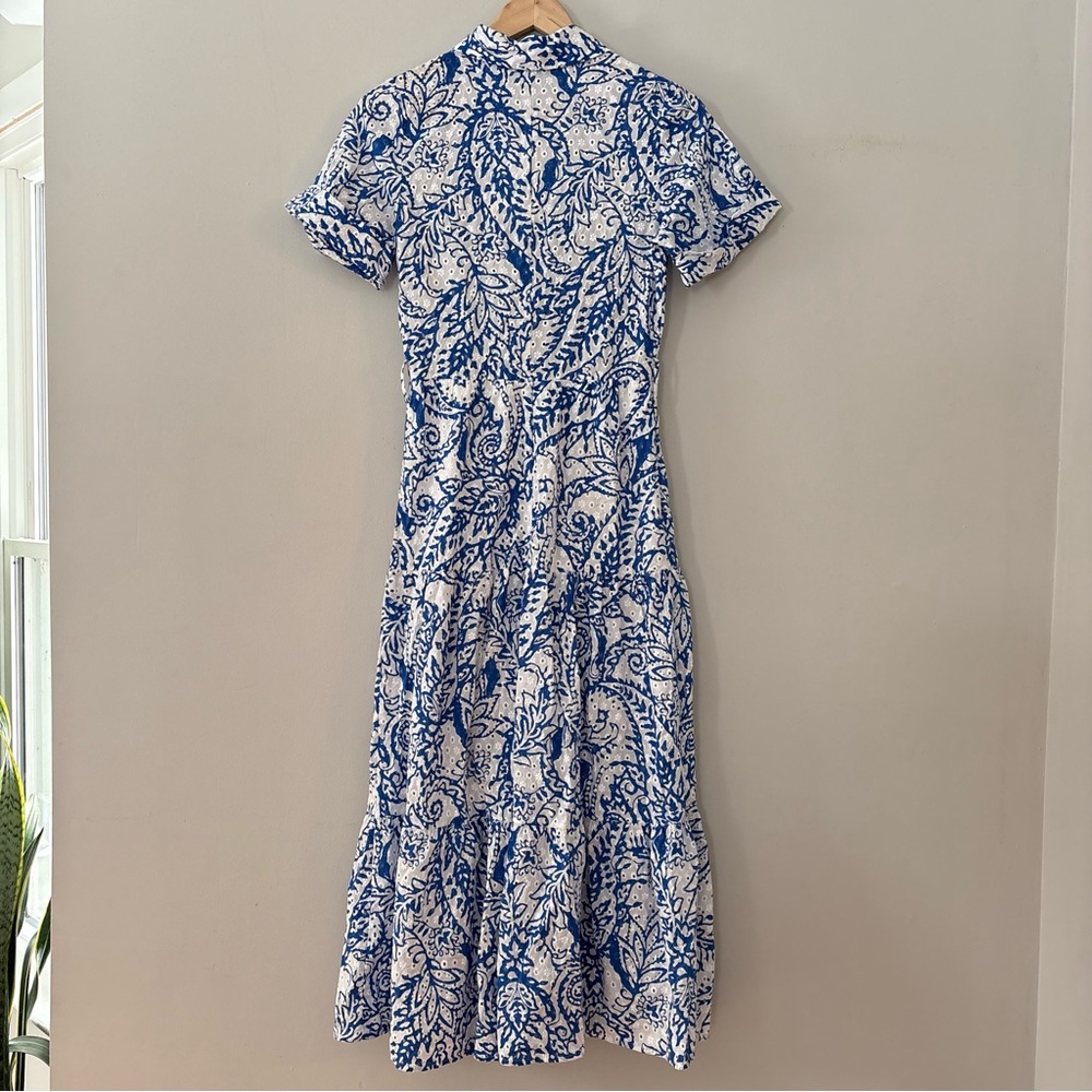 Zara Eyelet Blue White Paisley Summer Midi Dress Size XS Boho Vacation Dress - Picture 4 of 13
